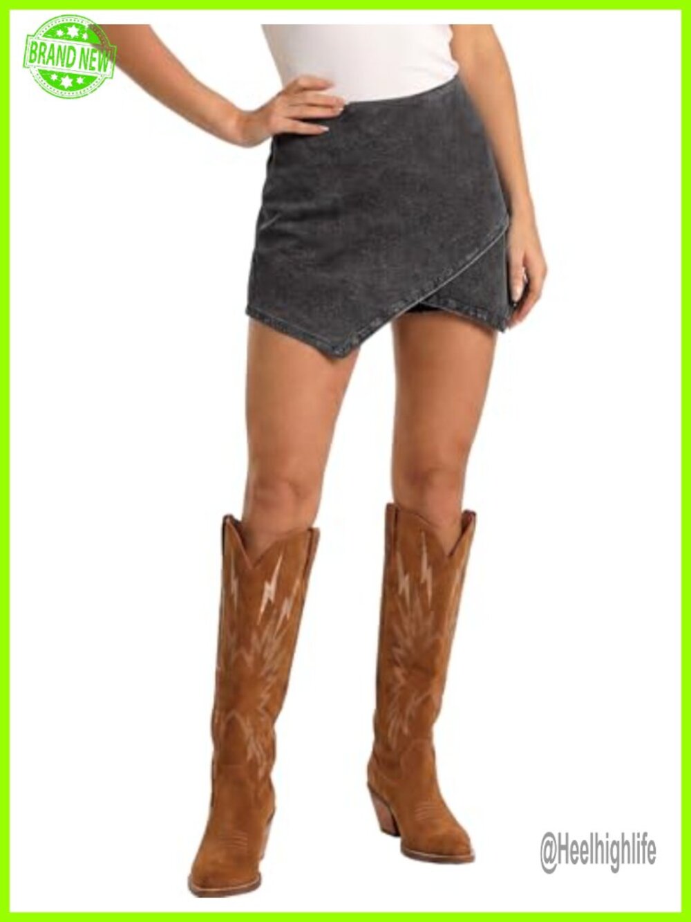 High Waisted Pull On Stretchy Denim Wrap Skort with Shorts